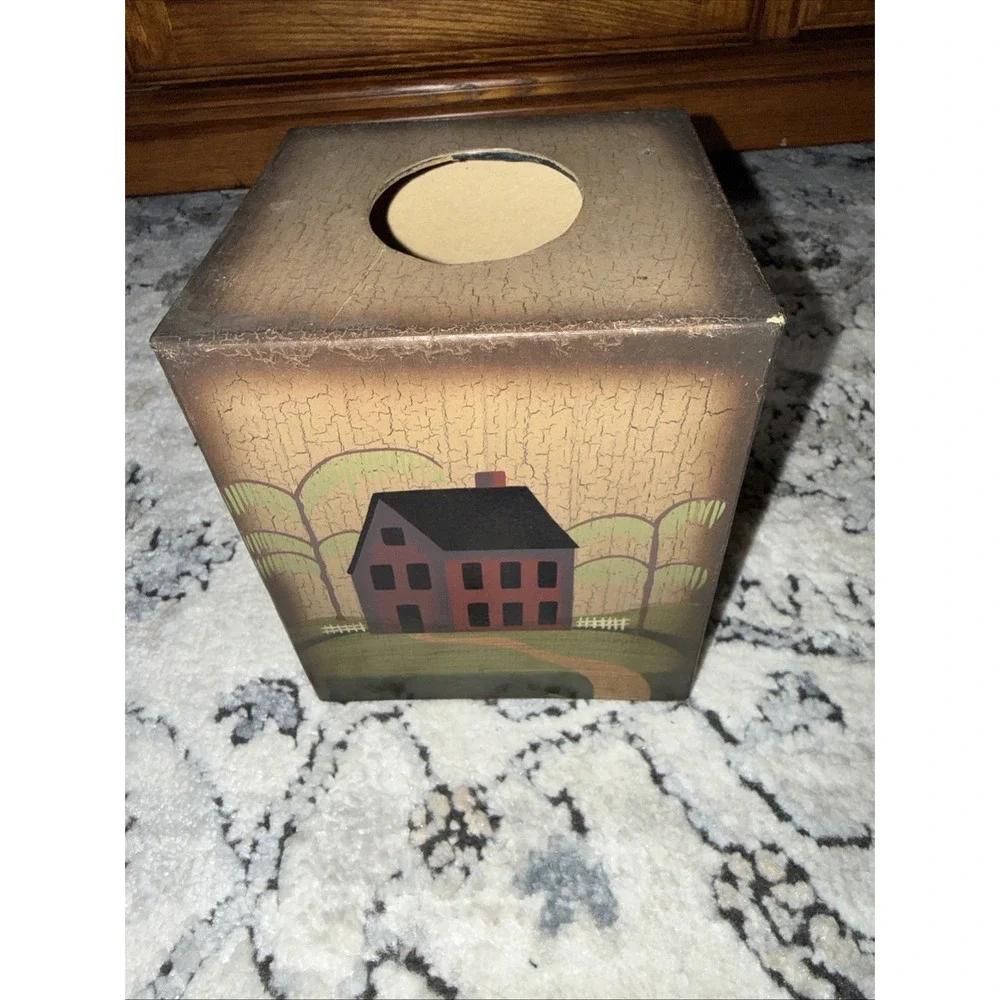 VTG Pressed Paper Cottage Tissue Box Cover Country Shabby Painted Primitive